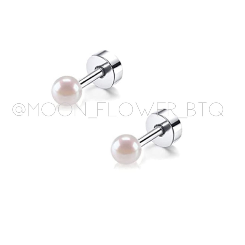 Tiny Silver Pearl Flat Back Earrings - Picture 8 of 9